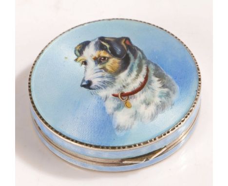 Continental silver and enamel powder compact, the sky blue enamel lid with central depiction of a Jack Russell terrier, impor