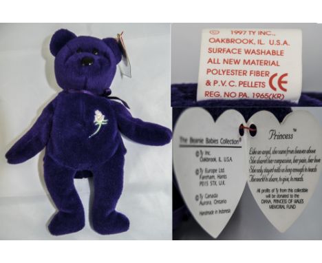 Ty Beanie Babies Rare First Edition Purple Princess Di Bear. One of Only 100, Produced In 1997. Hand Made In Indonesia, Red S