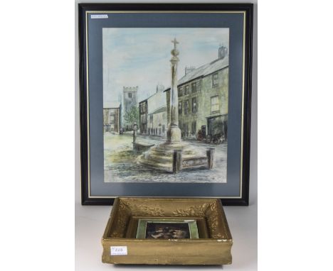 Framed Watercolour, Street Scene Signed DM Wood 82 Together With A Late 19thC Print In A Gilt Frame