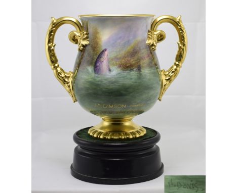 Royal Worcester Unique Fishing Trophy, being a two handled, baluster vase, hand painted and signed by Harry Davis, showing tr