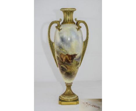 Royal Worcester Hand Painted Excellent Quality Twin Handle Vase ' Highland Cattle ' Signed Harry Stinton. Date 1911. Height 1