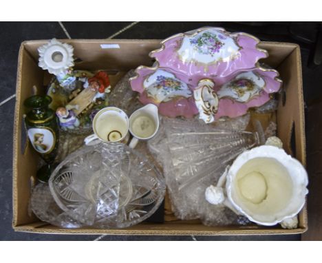 Collection Of Mixed Glass And Porcelain To Include A French Hand Painted Trefoil Dish, German Figural Centrepiece, Glass Vase