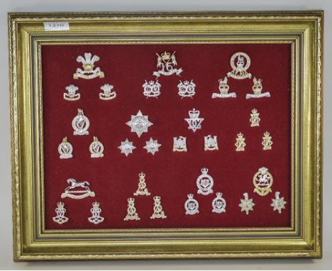 Display Frame Containing Modern British Army cap badges and collar badges.