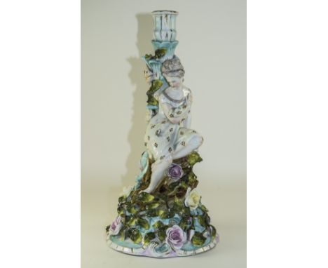 Dresden Late 19th Century Hand Painted Porcelain Figural Candlestick, Encrusted with Floral Decoration. c.1890's with Blue Cr