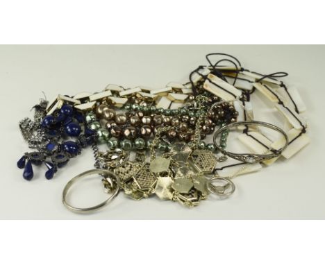 Box Of Misc Costume Jewellery, Comprising Chains, Beads, Baby Silver Bangle + 1 Other etc