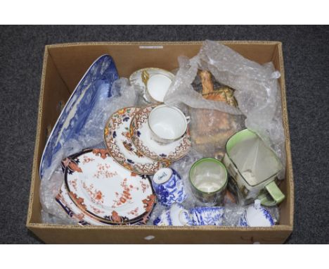 Mixed Box Of Pottery And Collectables. To Include Blue And White Plate, Radford Serving Dish, Cottage Ware Tea Pot, Bone Chin