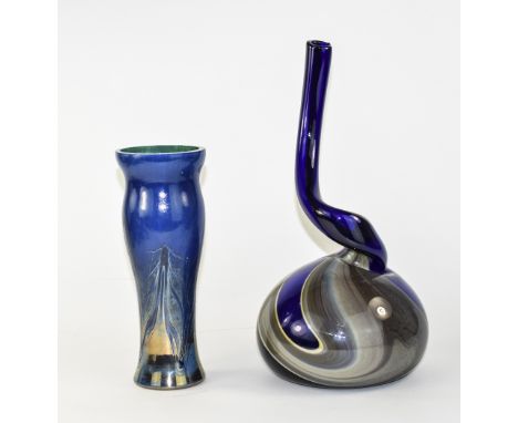 Two Various Art Glass Vases, one a French blue and green cased glass baluster vase, highlighted with gilt enamel; 8.75 inches