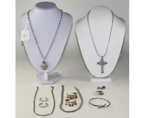 Collection Of Mostly Silver Jewellery. To Include, A Cross And Chain, Oval Silver Locket, pierced front and back, suspended o