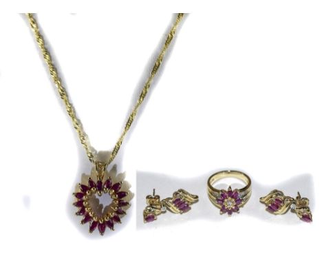 14ct Gold Ruby And Diamond Jewellery Set. Comprising Ring With Central Floral Design And Diamond Chip Shoulders, Ruby Diamond