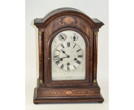 Philipp Haas & Sohne Mahogany Inlaid Mantel Clock, Domed Top With Turned Supports And Brass Terminals, Silvered Engraved Dial