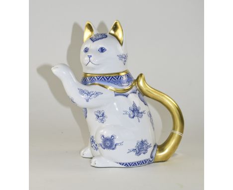 The Cat of Good Fortune Blue and White Ceramic Cat Figure / Teapot. By Jui Guoliang. 9.25 Inches High. 