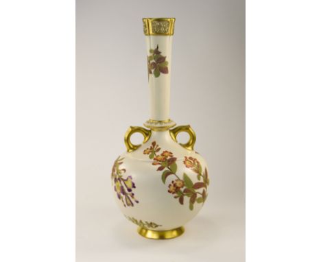 Royal Worcester Hand Painted Tall Twin Handle Persian Style Vase, Decorated with Images of Pink and Blue Flowers on an Ivory 