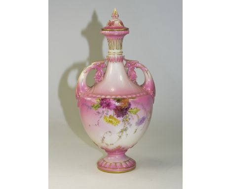 Royal Worcester Hand Painted Blush Pink and Floral Decorated Twin Handle Vase and Cover. Date 1894. Stands 8.5 Inches High. 