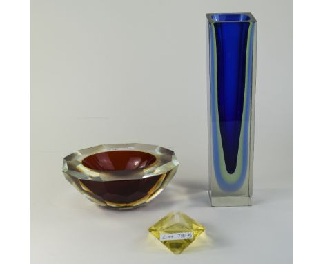 3 Pieces Of Murano Sommerso Style Glass, Comprising A Tall Blue Green Vase, Faceted Ruby Bowl And Yellow Ashtray, Odd Chips