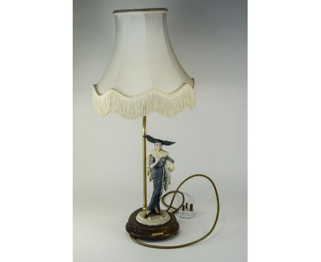 Decorative Italian Figural Table Lamp, With A Cream Fringed Shade And Figure On A Wooden Base. Label To Base Reads ''A Balcon