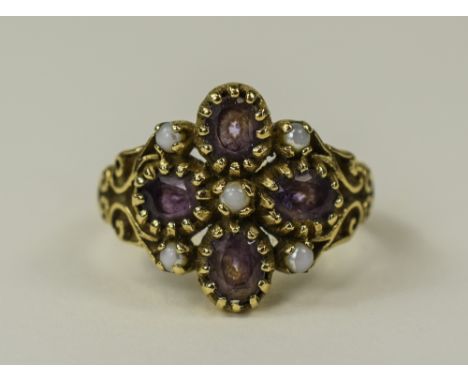 Antique 9ct Gold Set Amethyst and Pearl Ring, with Filigree Shoulders. Fully Hallmarked. 