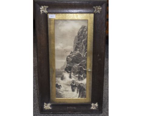 Oak Framed Print "Where Seabirds Hover" After Alex Mortimer. Gilt Mount. 20 x 8 Inches