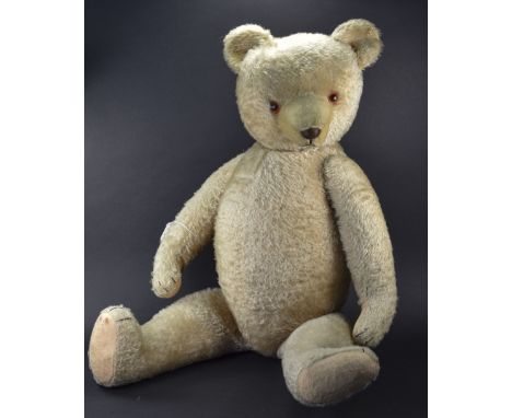 Early To Mid 20thC Straw Filled Teddy Bear, White Mohair, Jointed With Growler. Looks To Be Steiff Length 28 Inches