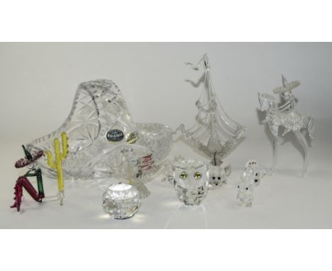 Collection Of Glassware Comprising Bohemia Lead Crystal Handled Bowl, Swarovski Owl, Swarovski Snowman, Swarovski Hedgehog, O