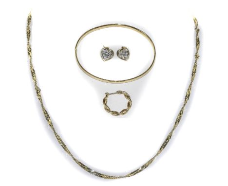 Small Collection Of 9ct Gold Jewellery. Gross Weight 14 Grams. Comprising 9ct Gold Necklace, Bangle, Pair Of Heart Shaped Ear