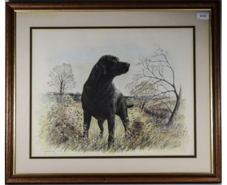 James Rowley Pencil Signed Limited Edition Coloured Print. Num 92 of 850 Copies, Black Labrador In a Country Setting. Mounted