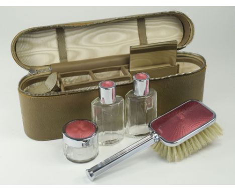 Ladies Art Deco Chromed and Enamel Style ( 5 ) Piece Travel Dressing Table Set, In Leatherette Case. Excellent Condition. 