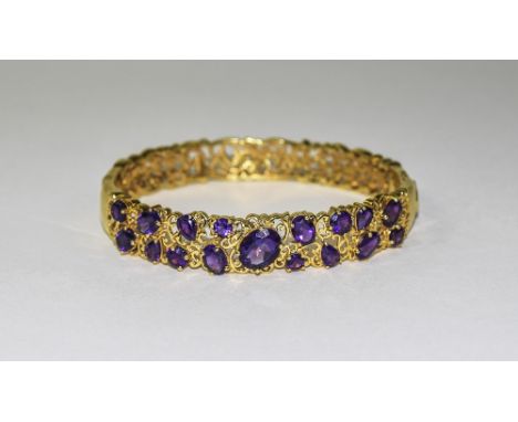 Art Nouveau Style Excellent Quality Silver Gilt Hinged Filigree Bangle, Set with a Top Quality Amethysts of Excellent Colour 