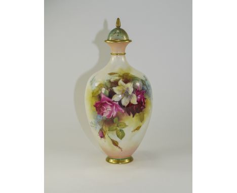 Royal Worcester Hand Painted and Signed Lidded Ovoid Shaped Vase ' Roses ' Stillife. Signed W.H Austin. Date 1914. 9.25 Inche