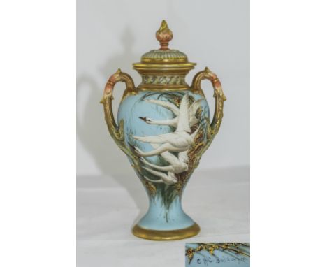 Royal Worcester Charles Baldwyn Hand Painted Twin Handle Lidded Vase ' Swans In Flight ' Signed Charles Baldwyn. Date 1906. S