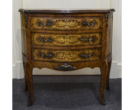 A Louis XV Style Kingwood and Ormolu Mounted Serpentine Front Bombe Commode, Inlaid with Marquerty Stylised Decoration To Top