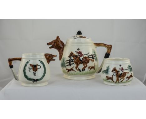 3 Piece Hunting Set Fox Head Spouts, Raised Hunting Scene