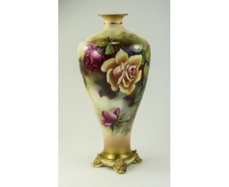 Royal Worcester - Signed and Hand Painted Tall Tapered Vase ' Roses ' Stillife. Signed Mary Emily Eaton. Date 1898. Royal Wor