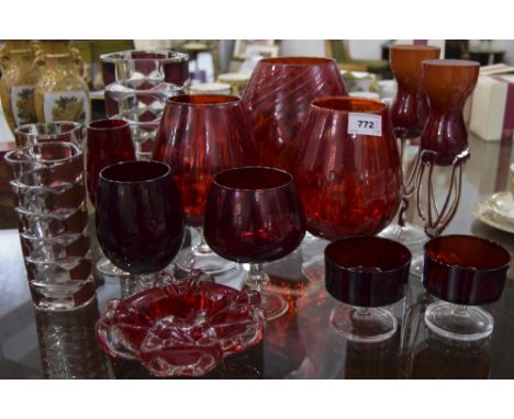 Collection Of Ruby Red Glass Ware. Including Vases, Drinking Glasses, Ashtray, etc. Various Shapes And Sizes. 14 Items in Tot