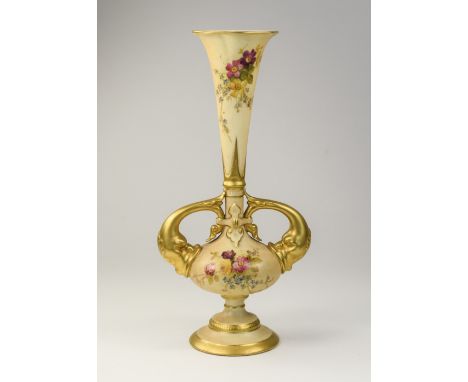 Royal Worcester Hand Painted Blush Ivory Fish Twin Handle Bud Vase with Floral Decoration. Painted Gold Handles and Borders. 