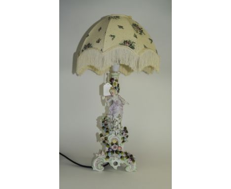 Dresden Style Table Lamp, With Fringed Cream Shade. Height 25 Inches. 