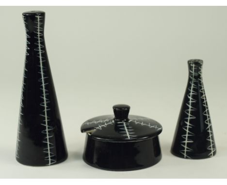 Midwinter 4 Piece Cruet Set, by Jessie Tate from the Claybourne Factory, Black and White Lines  
