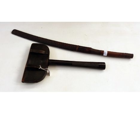 WWII fire axe, patent no.515767, with leather case and a Japanese sword with wooden handle and metal mounts (2) 