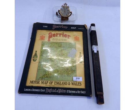 1930's Perrier sectional motoring map of England and Wales, in folding, 34cm x 27cm, old Rabone stained wood folding ruler, w