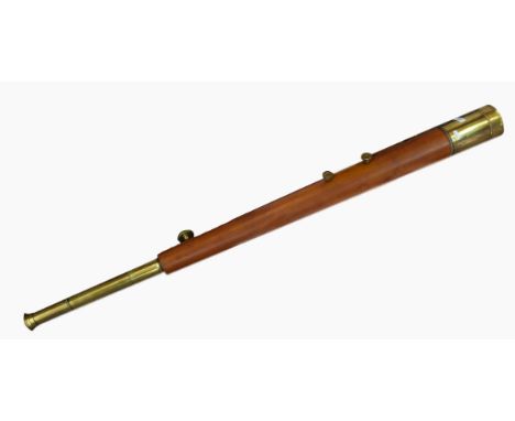 Four-draw telescope by Broadhurst Clarkson & Co of 63 Farringdon Road, London, EC, with brass mounts and leather sheath, on t