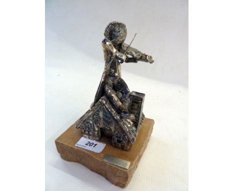 White metal model "Fiddler on the Roof", on simulated stone plinth base, signed 'A Kedem, Israel', 19.5cm high 