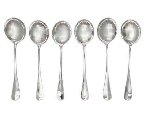 An Edwardian silver set of six Hanoverian pattern soup spoons by Richard Martin & Ebenezer Hall. Sheffield 1904, length 20cm,