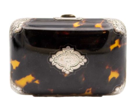 A 19th-century French silver mounted tortoiseshell purse. Fitted purple silk interior, French hallmark, 8 x 5.5cm.Light surfa