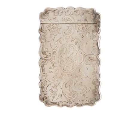 A Victorian silver card case by G Wheeler & Co. Of serpentine form with foliate engraved and engine turned decoration, Birmin