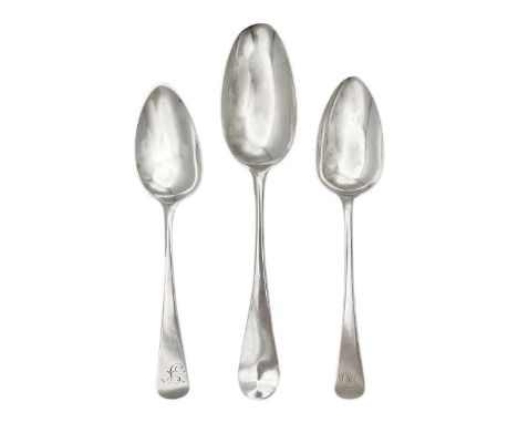 A George II silver Hanover pattern table spoon by Ebenezer Coker. The handle back engraved 'W * S H * T 1749 H * I', the bowl