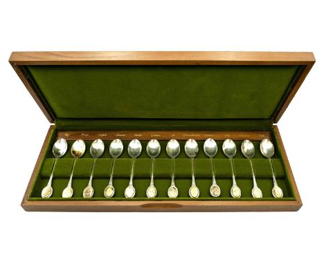 A cased set of twelve silver royal horticultural society flower spoons. Made by John Pinches, each of the twelve spoons with 