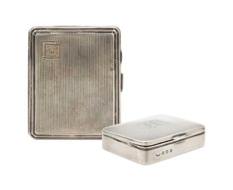 A George VI silver cigarette case and a hinge lidded snuff box. The cigarette case with engine turned decoration, Birmingham 