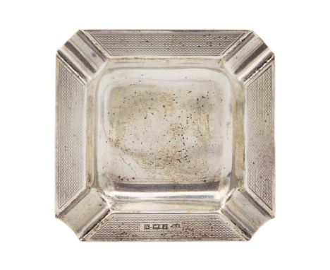 A modern silver engine turned square ashtray and a silver meat skewer. The ashtray by John Rose, Birmingham 1961, 9 x 9cm, th