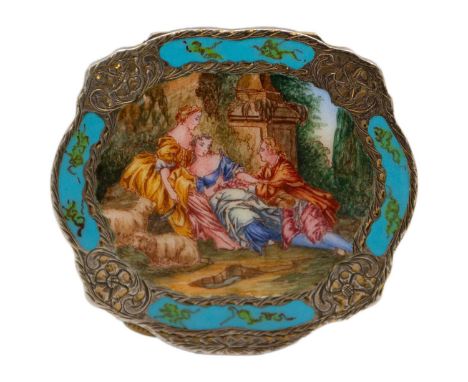Vintage Italian silver-gilt and enamel decorated compact. Stamped '800 ITALY', the cover painted with a garden courting scene