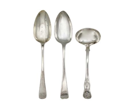 A William VI Scottish silver shell pattern ladle, and a pair of George III fiddle pattern tablespoons. A ladle by William Mar