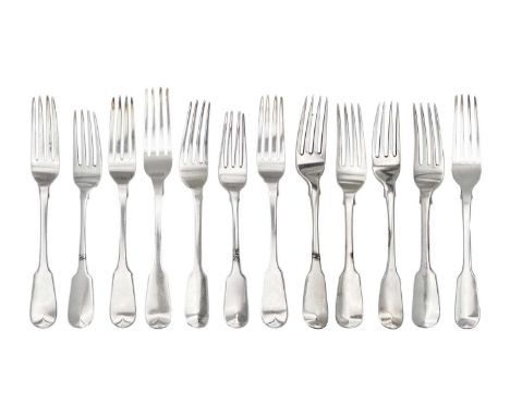 A Georgian silver harlequin set of twelve table forks. To include a pair of Irish Dublin forks by James England, stamped M WE